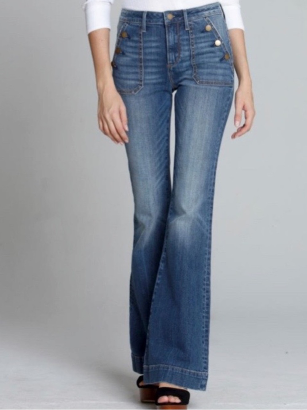 DRIFTWOOD Farrah Medium Blue High-Rise Flare Jeans with Button Accent 26